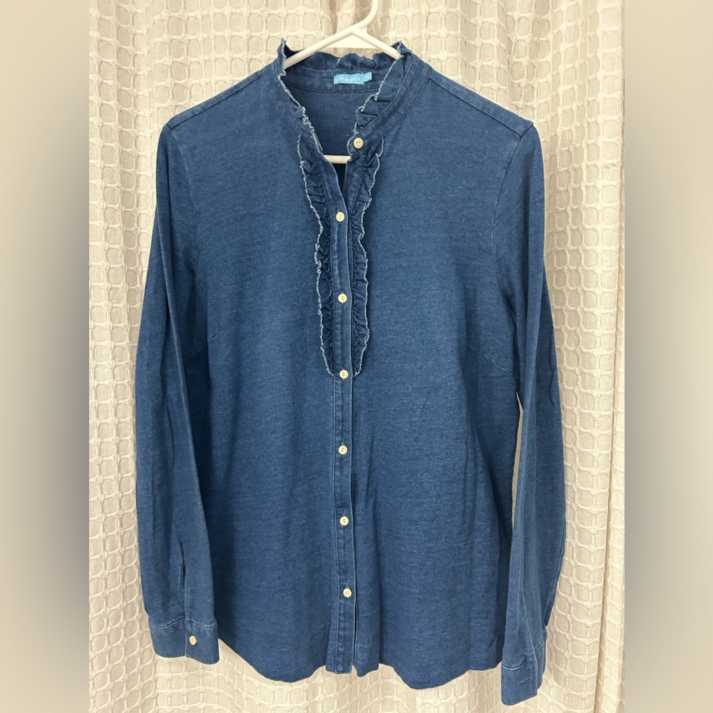 J. McLaughlin button down ruffle top | women’s top blouse |Denim color | medium